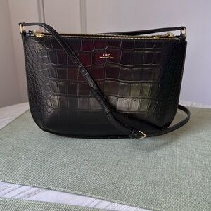 A.P.C. Black Crossbody Bag with Croc-Embossed Leather